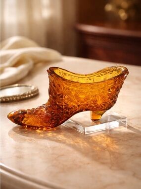Vintage Antique Mid Century Modern Amber Glass Daisy Shoe Succulent Planter